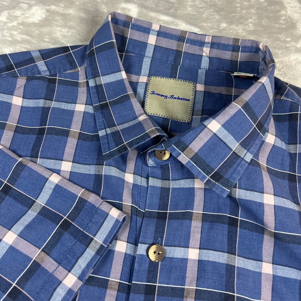 Tommy Bahama Mens 3XL Big & Tall Island Zone Silk Blend Plaid Shirt Blue Pink
